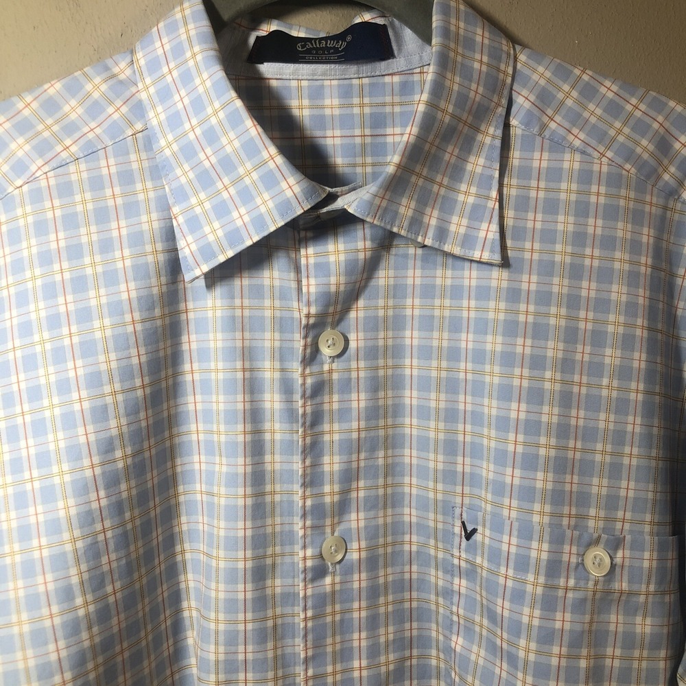 Callaway Golf Shirt Size Large  Button Down Shirt White Blue Plaid Long Sleeve